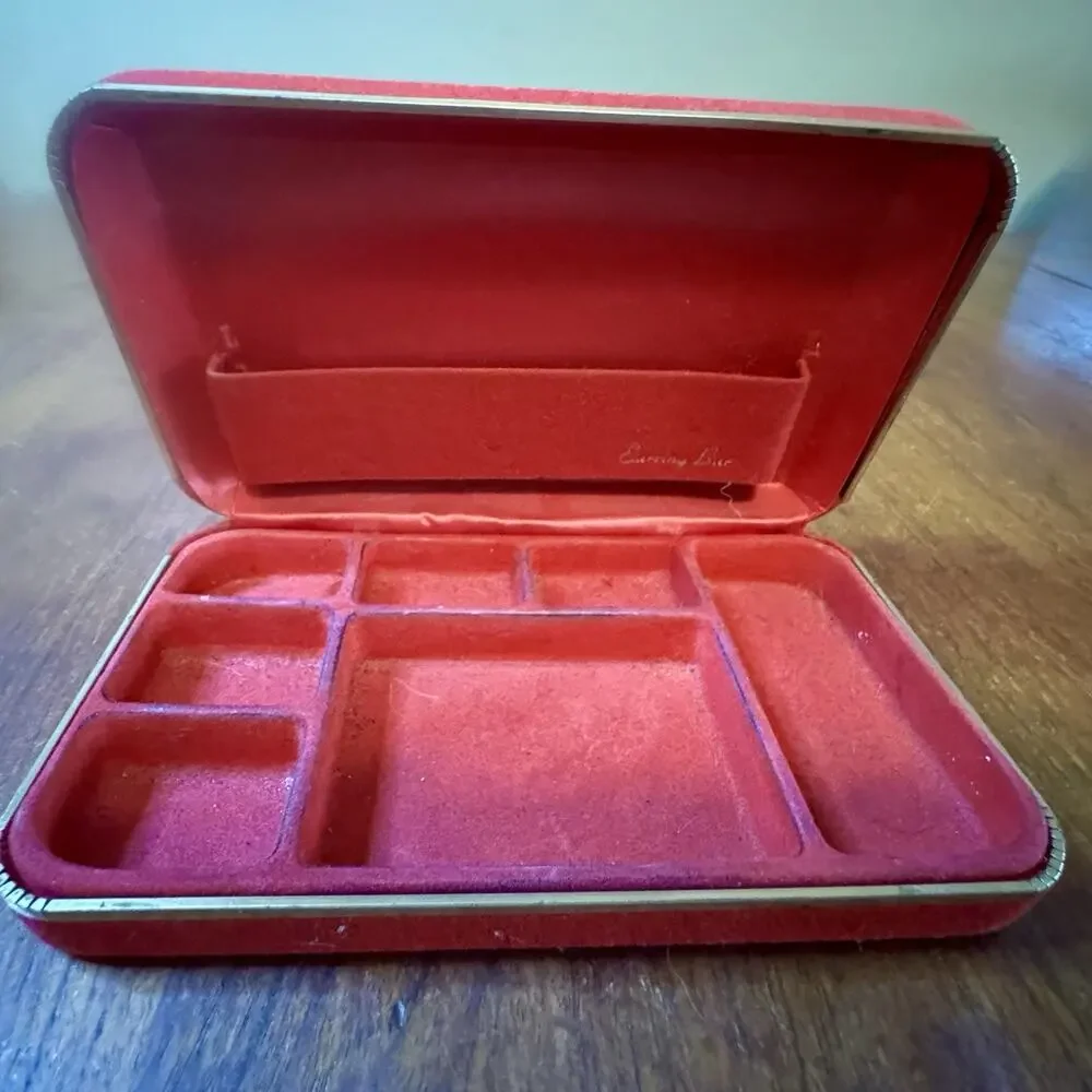 Vintage Red Velvet Jewelry Box Hinged Silver Tone Trim Mid Century 7.5”